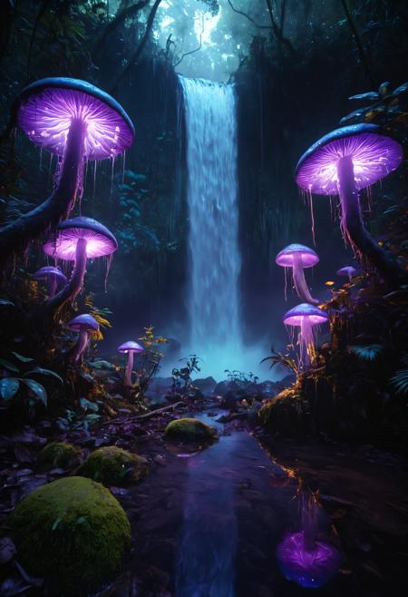 aidmaMJ6.1, lush otherworldly jungle, colossal bioluminescent plants, Towering trees with glowing purple and teal foliage, The ground is covered in moss that shimmers faintly, translucent mushrooms emitting a golden glow. waterfall cascades gently into a river, its surface reflecting the surrounding flora like a mirror, Strange glowing insects flutter around, mist rising gently in the air, cinematic lighting, photorealistic textures, <lora:DetailMaximizer:0.5> <lora:MidjourneyV6.1:0.5> <lora:add-detail-xl:0.5>