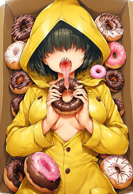 score_9, score_8_up, score_7_up, score_6_up, score_5_up, score_4_up, solo,
, naughty_face  ,
solo, 1girl, sixSDXL,,short hair,black hair,hood,hood up,hair over eyes,raincoat,yellow raincoat,sharp teeth,cowboy shot,meduiem breast, pov, looking at viewer, lying, tongue ,tongue_out ,licking,very long tongue ,open mouth, saliva,saliva_trail ,saliva_drip ,eating donuts, chocolate doughnut,  box of donuts,in a box, doughnut background, best quality, highly detailed, masterpiece,<lora:Donutified_World_Morph:0.3>, <lora:NiseMIDIdoronokai_Ishikei_Assorted_Doujin_Artstyle_Blend_PonyXL:0.7>, zPDXL3 ,<lora:MeMaXL_V2:0.2>,  <lora:six:0.5>