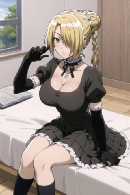 hilda_Beelzebub_aiwaifu69,blonde hair,hair over one eye,choker,green eyes,gloves,puffy sleeves,dress,elbow gloves,frills,large breasts,puffy short sleeves,black gloves,collarbone,cleavage,short sleeves,black choker,short hair,black dress,hair bun,necklace,frilled choker,black ribbon,skirt,kneehighs,black legwear,frilled dress, masterpiece,best quality,ultra detailed, 8k, 4k,highly detailed, scenery,pose,solo,
