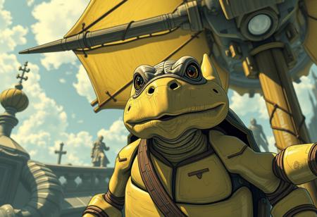 Create a promotional image for a video game featuring an aged turtle character, inspired by the art style of Nychos and Mr. Nimbus's character design, with a structure reminiscent of Kyle Lambert's work. The image should have a high-quality, bug POV shot aesthetic, akin to 'Set Sail for the Kingdom,' with ruffled wings and an Scientist character in the background, blending TF1 and Himba elements. Incorporate a yellow and charcoal drawing style, promoting a 2020s promotional art vibe, similar to Trippie Redd's visuals.