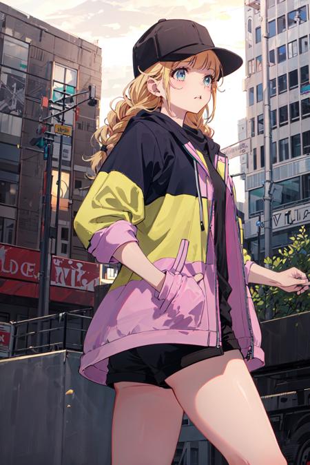 masterpiece, best quality, 1girl, (black-yellow-pink jacket: 1.5), baseball cap, black shorts, city, <lora:tsukimiEikoYaBoyKongming_v10: 0.7>