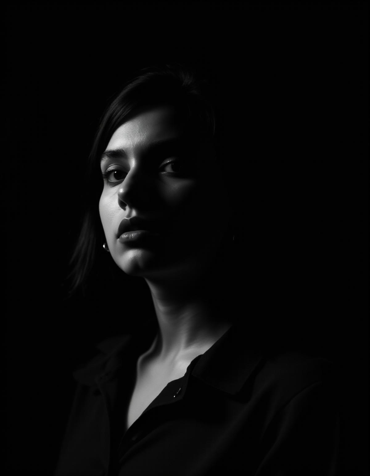   A black and white portrait of a young woman, slightly off-center, with a contemplative expression, lit from the left side, creating a dramatic effect and strong contrasts, against a dark background, resulting in a moody and atmospheric tone, highlighting the emotional impact of the image through its minimalistic composition and strategic use of lighting, 
