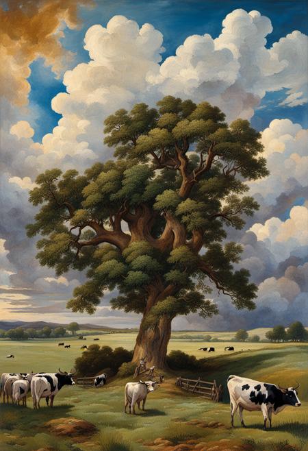 jhcst style a painting of massive tree rising into the heavens surrounded with  grasslands and cattle and shrubs 