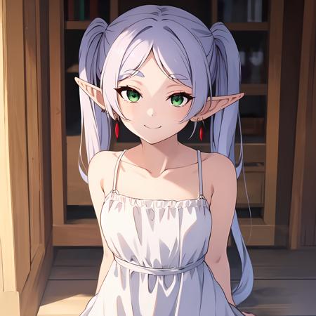 ((masterpiece)), (best quality), highres, ultra-detailed,
1girl, earrings, elf, long hair, pointy ears, solo, twintails, green eyes, earrings, white hair, looking at viewer,  bare shoulders, collarbone, dress, white dress, sleeveless dress,  <lora:Frieren:0.8>, smile