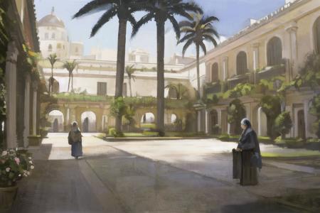 a painting of a courtyard with palm trees and people walking around it and a castle in the background with a sky background