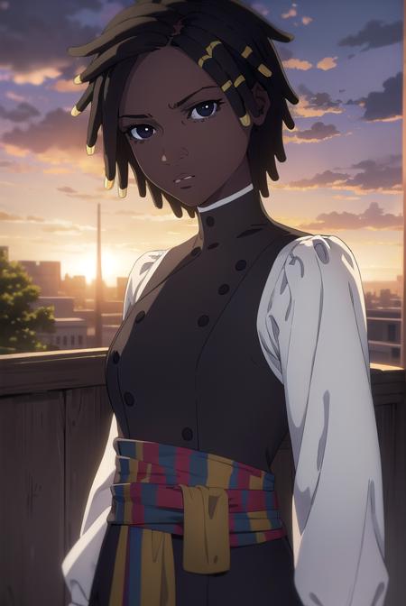 castlevaniaannette, short hair, black hair, dark skin, (black eyes:1.5), dark-skinned female, very dark skin, dreadlocks, shirt, long sleeves, white shirt, belt, pants, vest, black pants, yellow vest,