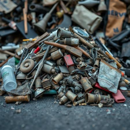 Front view of a A small pile of junk, within the pile is an assortment of items including metal junk, plastic junk, and textile junk