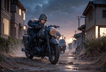 gorgeously rendered RAW 8k HDR high-resolution wide-angle full-frame panoramic view of an (((exceedingly gorgeous voluptuous female dressed as a WWII German wargirls black uniform speeding along a dirt road on a nz350)) in the distance, blonde hair, blue eyes, hunched over handelbars, serious expression, explosions, dust being thrown by tires, fortified berms, highly detailed, intricate, lens flare,  bokeh, soft focus, diffused soft lighting, shallow depth of field, portrait, photography, photograph, cinematic lighting, detailed skin, realistic, photorealistic, hyperrealism, <lora:dkw_nz350:0.5>  <lora:wargirls:0.5>  <lora:Cute Asian Face:0.7>