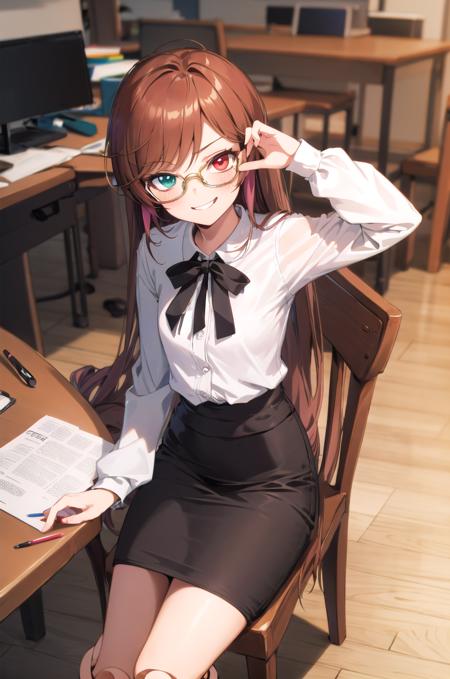 (masterpiece,best quality, detailed), indoors, office, sitting, formal, suit, pencil skirt, white shirt, solo, 1girl, glasses,
suiseiseki, heterochromia, doll joints, twin drill, on chair, smug, smirk