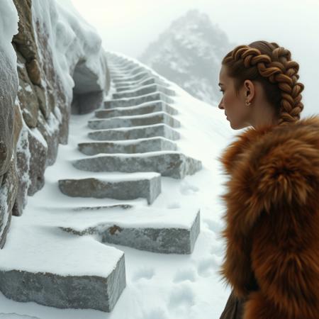 ice-covered stone steps cut in side of mountain, footprints frozen in ice, lovely 25yo woman looking at steps, dressed in animal skins, hair braided