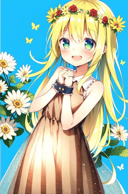 1girl, solo, long hair, head wreath, butterfly, open mouth, smile, dress, bug, white dress, green eyes, blonde hair, flower, white background, blush, looking at viewer, :d, sleeveless, bangs, nail polish, yellow flower, rose, simple background, sleeveless dress, wrist cuffs, own hands together, upper teeth only, red flower, teeth, fingernails, bare shoulders, white flower, very long hair, frills, (masterpiece,best quality)