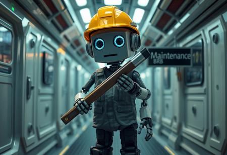 Photo of a maintenance robot, (wearing a yellow hardhat, grey janitor overalls, black work boots), holding a large screwdriver, (a sign displaying the word "Maintenance, BRB" is visible), in a spaceship corridor, comedic atmosphere, the android has a cyborg face with a  world-weary expression, Cinematic lighting, 8k, ultra realistic, hyper detailed, sci-fi, highlights, RAW, realistic, photo, best quality, (dramatic lighting), (sharp focus, intricate), Style-DoF
