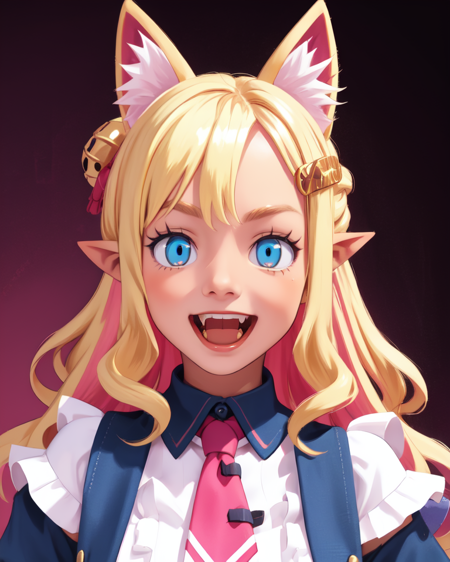 pirilika,cat ears,pointy ears,blonde hair,fang,open mouth,long sleeves,school uniform,hair ornament,gold hair clip,cat tail,standing,smile,cowboy shot,cleavage,upper body,festival,pink tie,
(insanely detailed, beautiful detailed face, masterpiece, best quality),<lora:Pirilika-10v8:0.8>,