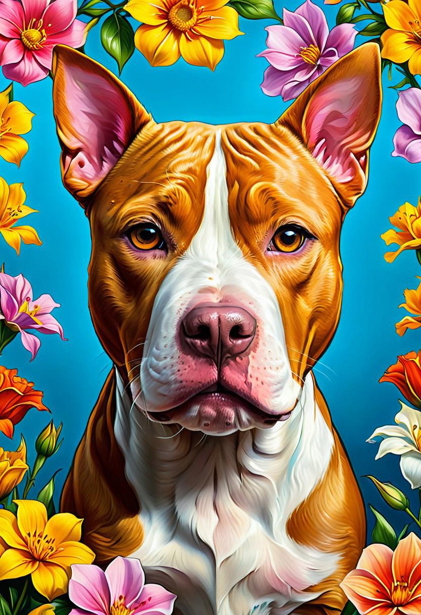 A colorful pit bull dog with flowers in the background, detailed facial features, detailed painting, colorful portrait illustration, digital art, high resolution, high detail, high quality, high definition, high contrast, high sharpness, high dynamic range, high exposure, high key lighting, hyper-realistic, hyper-detailed, hyper-photorealistic, hyper-fine details, hyper-lapse, hyper-cinematic