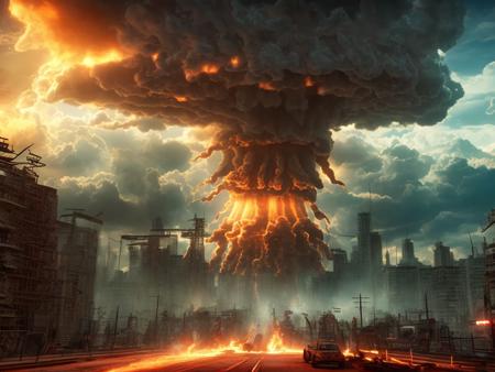 one [giant short very wide mushroom cloud:large illuminated nuclear blast with shockwave:4] by emb-nuke in the distance,photo of a filthy post-apocalyptic street, burned-out buildings,abandoned cars, trash on the sidewalk
(highly detailed:1.2),(best quality:1.2),(8k:1.2),sharp focus,(subsurface scattering:1.1),award-winning photograph,professional portrait photography
(very detailed background:1.2),dramatic lighting,35mm,detailed concept art