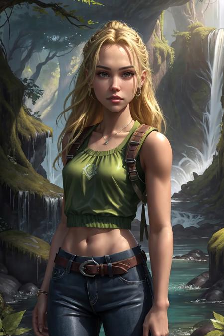 zrpgstyle, portrait of blonde KristenNobodySD15 as lara croft an adventurer black tactical military vest pants backpack belt straps holster hiking in a sunny tropical jungle (vivid colors:1.1) asymmetrical waterfall into shallow pool rough chiseled large moss covered boulders (colorful plants:1.2) mist volumetric fog bright light filtering through trees
(masterpiece:1.2) (flat vector illustration:1.3) (best quality:1.2) (detailed) (intricate) (8k) (HDR) (wallpaper) (cinematic lighting) (sharp focus)