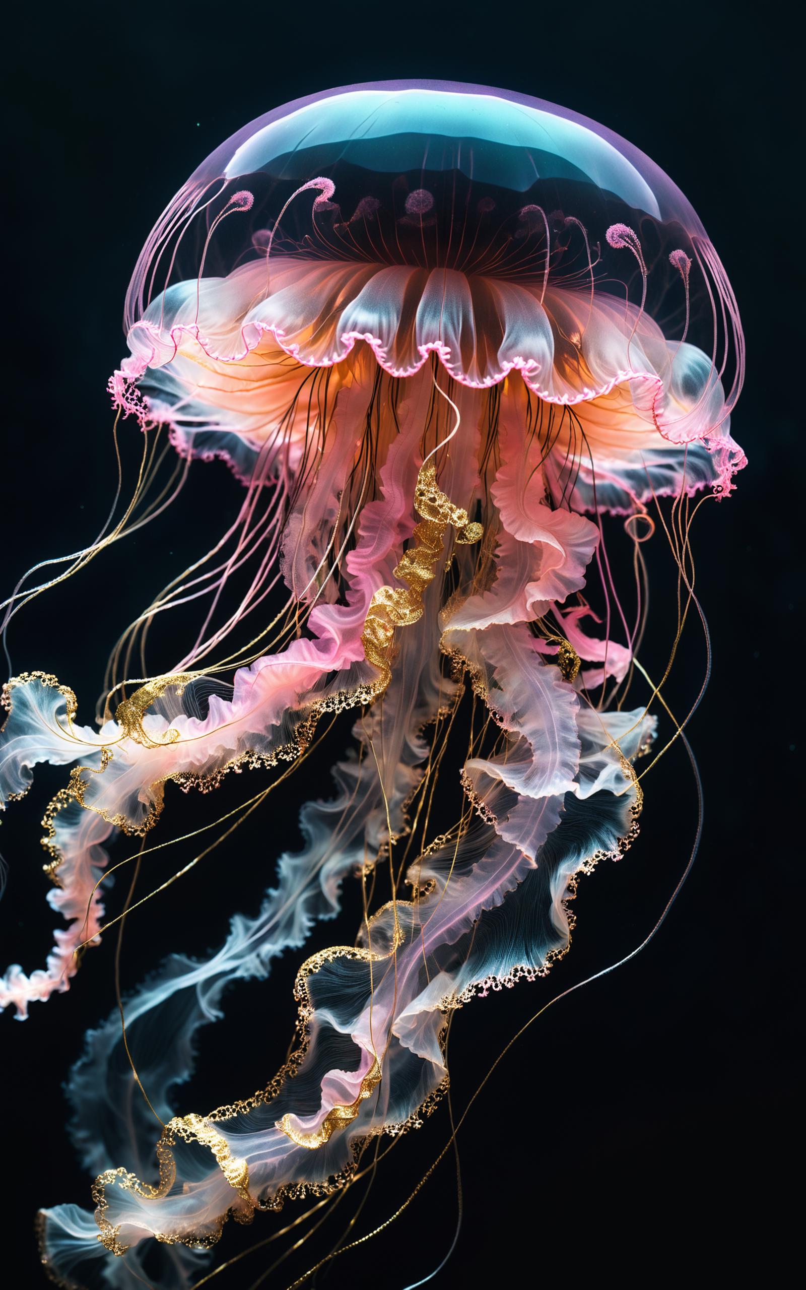 A large sea jellyfish with pink and gold tentacles in a dark background.