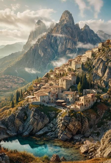 their peaks veiled in mist. mixed media, surrealism, great lighting, A surreal landscape highly detailed . extremely high-resolution details,  appears trapped in an optical illusion of reflections and refractions colorful , mountains and village in Ancient Greece , professional photography, natural lighting, volumetric lighting maximalist. intricately detailed, complex, elegant, expansive, fantastical, film photography style,  medium grain