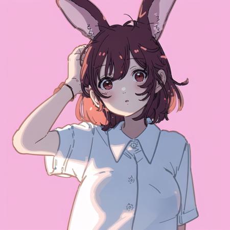 <lora:fuuka_kobayashi:1.0>, (fuuka_kobayashi:1.0), drawing, !!, 1girl, :o, animal ears, bangs, blush, breasts, buttons, hair ornament, hairclip, hand up, large breasts, leaning forward, looking at viewer, pink background, pink hair, rabbit ears, red eyes, shirt, short sleeves, simple background, solo, upper body, white shirt, wing collar