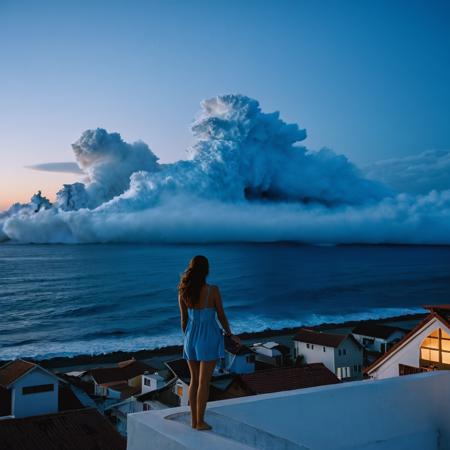 RAW photo, nikon d850, film stock photograph, kodak portra 400 camera, f1.6 lens, hyper realistic, blue hour, a woman watches a incoming tsunami from the ocean, standing on the roof of a building, 8k uhd