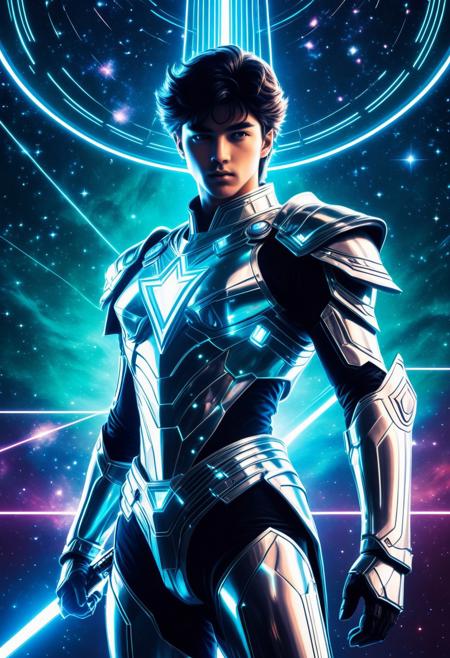 A futuristic warrior inspired by Saint Seya, clad in silver and teal armor, stands heroically. Background: A vibrant, hyper-realistic Galactic Nexus backdrop with fiber optic lighting, halogen accents, and a prism effect. Supporting characters: Mysterious, anime-style figures observe from the shadows. Branding type: Retro-futuristic, 80's-inspired. Tagline: "Illuminate the Cosmos".