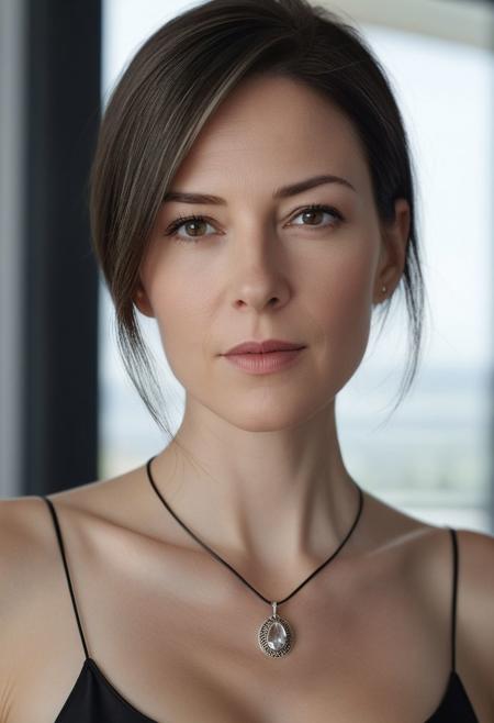 A beautiful (((49-year-old European woman))) with pale skin, perfect features, (perfect large breast, busty:1.2), and a sleek silhouette, standing in room near a window on a sunny morning. a sleek minimalist modern room. She's a brunette with streaks of grey hair, short haircut, long oval face with a calm and friendly look, small thin lips, no makeup, wearing black bra,black thongs(a thin pendant necklace, bracelets). photo-realistic, ultra sharp focus, symmetrical shot, (perfect composition), (rule of thirds composition), subject positioned off-center, highly detailed, intricate detailed, (((perfect body anatomy))), (-bad hands -unnatural hands -fused fingers -too many fingers), (matching eyes), proportional eyes, (-weird iris -weird pupils), (realistic skin), (-cropped head), (((wide shot, natural lighting, cinematic))), 4K,, trending on artstation, taken with 30MP DSLR with Carl Zeiss lens, award winning photography, best quality, masterpiece