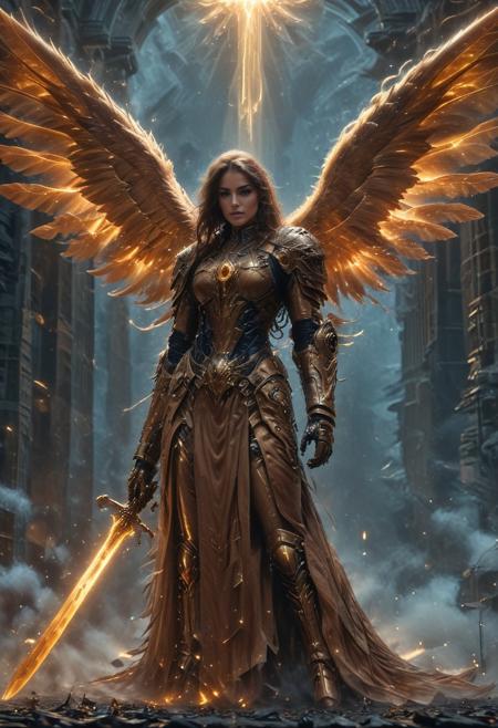safe_pos, score_9, score_8_up, score_7_up, 1girl, archangel, tanned skin, brown long hair,  ((Huge majestic  brown hawk wings)), feathered wings, stiletto heels high boots, golden armour, black roses, (sparks:0.3),  holding sword of light, fencing pose
photography, cinematic, bokeh, dark background, front view from below, (dynamic pose, action:0.8), science fiction background, cloud city