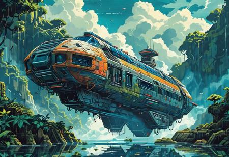 book cover, Retro futuristic Image, a spaceship (long abandoned) in a jungle, spaceship half submerged, sharp, high detailed, realistic, day, blue sky, colorful