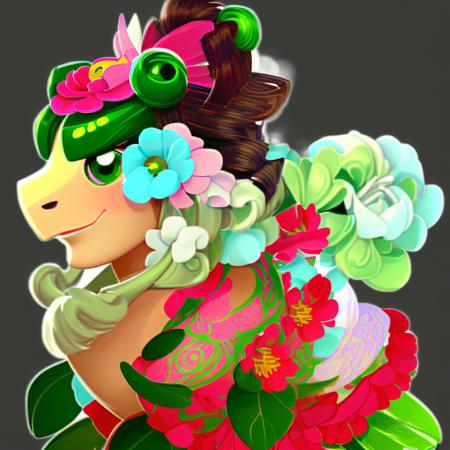 solo, simple background, hair ornament, closed mouth, green eyes, standing, full body, flower, hair flower, from side, pokemon (creature), no humans, black background, pink flower, outline, animal focus <lora:babie_dragon:1>