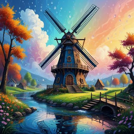 Finely detailed vector illustration. windmill, beautiful landscape, ultra realistic quality, circle symbols,  hyperdetailed, intricately detailed,  triadic colors,fantastical,intricate detail,splash screen,complementary colors, fantasy concept art, 8k resolution, masterpiece, oil painting, thick strokes, gradient strokes, water drops, water splashes