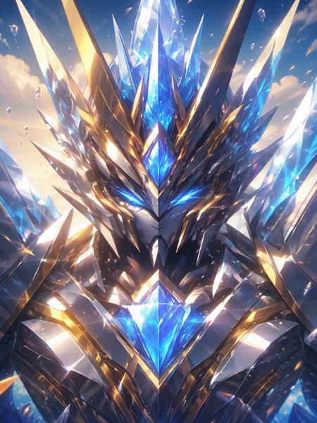 best aesthetic, lolsplashart,nijimecha,Portrait of Gundam Mecha made of crystal,close-up,portraits,crystal armor,crystal,sunshine,sunny day,clouds,epic scene,masterpiece,best quality,blue theme,look at viewer
