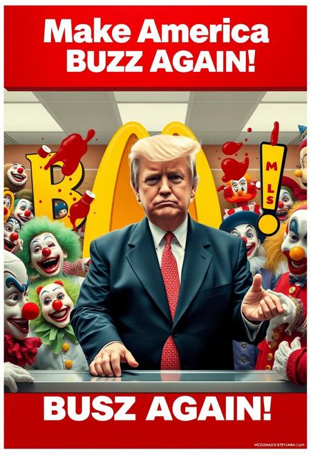 McDonald's advert poster. Donald Trump stands behind the counter of McDonald's, looking confused in an oversized uniform, and tiny hands, while surrounded by a chaotic mix of clowns, mascots. The slogan on top reads: 'Make America Buzz Again!' with ketchup stains splattered across the slogan. The color scheme is exaggerated, with over-the-top patriotic red, white, and mustard-yellow.