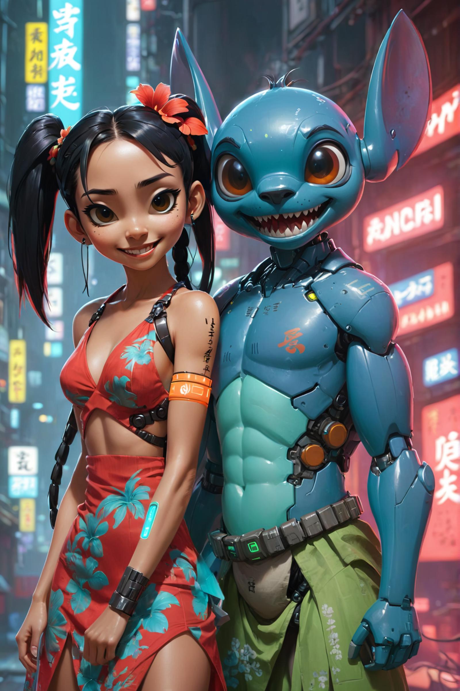 A cartoon robot with a shark mouth and a girl pose for a picture together.