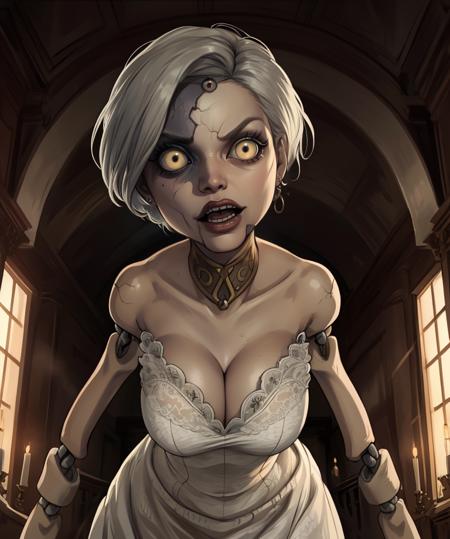 angie,black pupils,grey hair,short hair,doll joints,wide-eyed,doll,
white dress,cleavage,sleeveless,cracked skin,third eye,serious,
standing,jewelry,leaning forward,sagging breasts,
mansion,dim lighting,
(insanely detailed, beautiful detailed face, masterpiece, best quality),solo, <lora:angie:0.8>,