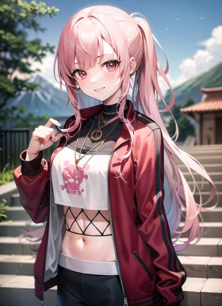 <lyco:calli1-000007:1.0>, callirapper, upper body, smile, blush, outdoors, day, simple background, blue sky, sky, temple, looking at viewer, stairs, mountain, moody lighting, facing viewer,