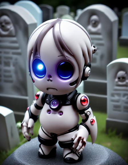 kkw-Nendroid zombie boy in cemetery, glowing eyes, dark atmosphere