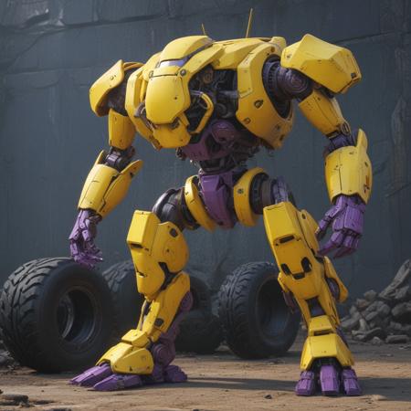 a close up of a mecha on a build, full body with dynamic pose, yellow purple, machine face, car design, muck, china, square face, two legs two arms one head, fanpop, tire, muchain, transforming, official t photo, full view of a car, old study area, studio ghibli, pixar and disney animation, sharp, rendered in unreal engine 5, anime key art by greg rutkowski, bloom, dramatic lighting