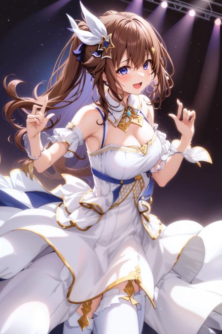 1girl, sora_dress, white dress, sleeveless dress, blue thighhighs, large breasts, hair flap, brown hair, blue eyes, hair ornament, star hair ornament, ponytail, hair ribbon, long hair, hair flaps, open mouth, looking at viewer, dress, detached collar, off shoulder, bare shoulders, cowboy shot, outdoor, stage, concert, singing, dynamic pose, smile, <lora:Hololive_Sora_v1.0:0.7>,