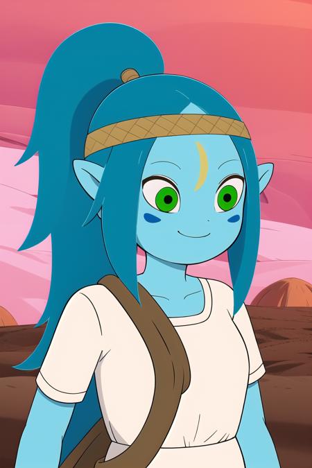 <lora:Canyon_Adventure_Time-06:0.8>, 1girl, solo, long hair, smile, upper body, green eyes, blue hair, pointy ears, colored skin, sandals, facial mark, bandages, forehead mark, desert, ponytail, very long hair, short sleeves, white dress, short dress, blue skin,