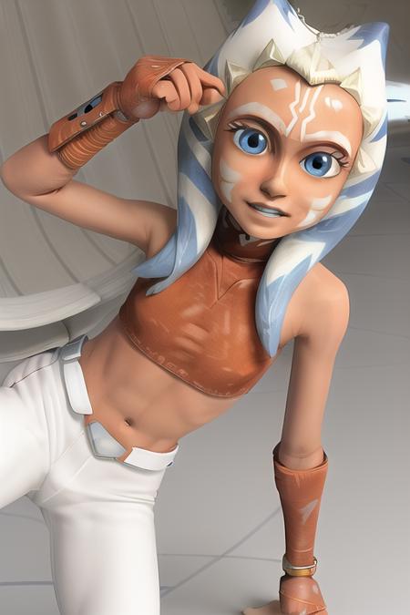 Ahsoka, togruta, orange skin, white and blue montral horn, white facial markings, jewelry, jedi, cgi, 3D, medium montral