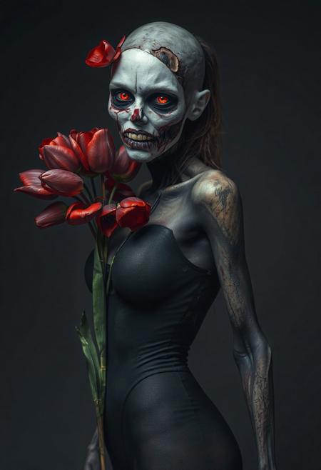 Realistic full body shot of a zombie female, woman+zombie mutation, decaying face decked out in red and black tulips. Her pale skin is cracked and peeling, revealing a gnarly zombie deciption underneath. Her fiery red eyes pop against the dark, gothic vibe. The background is a dark, moody gradient that amps up the creepy atmosphere. She's rocking a tight, black bodysuit that clings to her bony frame. The whole scene screams dark fantasy and horror.