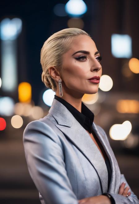 cinematic photo face closeup portrait of fit ((ohwx woman)) a businessman on a new york skyscraper roof (at night:1.1) wearing a fashion Armani suit, depth of field, zeiss lens, 105mm F2.0, fashion shooting, fashion clean cut,Sony a7R, cinematic lighting, city lights, in style of Everett Raymond Kinstler  <lora:ulti_lady_gaga_sdxl:1.2> . 35mm photograph, film, bokeh, professional, 4k, highly detailed