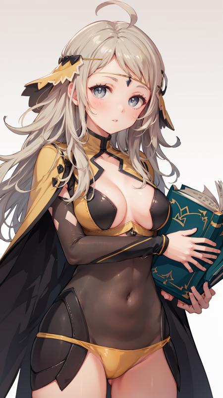 grey eyes, long hair, blonde hair, ahoge, cape, circlet, bodystocking, turtleneck, thighhighs, cleavage, yellow panties, book, holding book, elbow gloves, high heels, toeless footwear