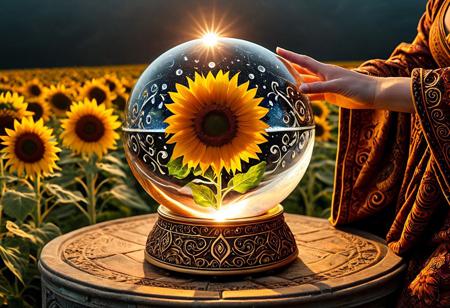 CosmicStyle, (masterpiece, best quality, highres:1.2), (photorealistic:1.2), (intricate and beautiful:1.2), (detailed light:1.2), (colorful, dynamic angle),
A hyper-realistic close-up of a crystal ball, resting on a weathered colorful pedestal, pedestal made out of batik fabrics, pedestal is carved with intricate runes, runes glowing faintly in amber, detailed,
BREAK inside the crystal ball, a floating sunflower, electricity appears to shock the flower from the edges of the crystal ball, with subtle flickers of light illuminating the swirling smoke patterns,
BREAK 1girl, mage, wearing an intricately detailed robe, v-neck robe  made out of batik fabrics, no bra, small breasts, holding hands over crystal ball, 
BREAK Background, Dramatic lighting, rolling fog, intense highlights, deep shadowy contrasts, creating a powerful, moody atmosphere, Hyperdetailed textures, glowing ember effects, intricate reflections, in a spooky field Made of Sunflowers, depth of field,
Style: Whimsical,
Color Palette: Warm, inviting colors; golden browns, 
Lighting: Soft and warm lighting to enhance the coziness
Aesthetic: Fun, charming, and delicious