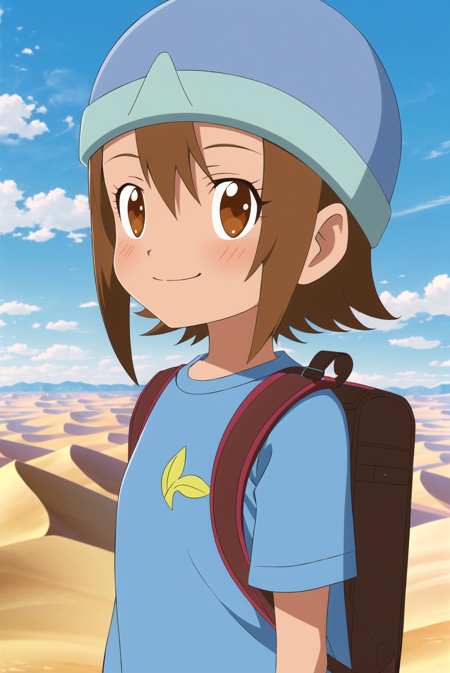 digimon, 1girl, backpack, bag, solo, desert, brown hair, brown eyes, smile, sky, short hair, shirt, hat, day, outdoors, t-shirt, upper body, blue sky, cloud,   ((masterpiece)) <lora:digimon_offset:1>