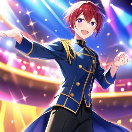 <lora:tsukasa_suouV22:0.8>, 1boy, idol, tsukasa_suou, solo, standing, red hair, short_hair, idol, smile, long sleeve, pants