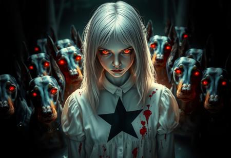 Photograph of a pale girl with white hair and blood splattered on her white blouse stares at the viewer with a haunting gaze. Her blouse has a black motive of a 5 point star in her chest. Her eyes glow in red. She is surrounded by 12 blue dobermans with glowing red eyes. Each doberman has glowing red eyes and wears a tag with a unique name on its chest. The scene is set in a dark swamp. Refracted light, subsurface scattering, caustic lighting