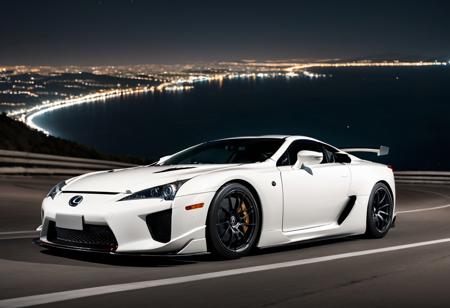 Create an image of a sports car that is a brilliant white color, (Lexus LFA) speed, intricate detail, night city, 4K. Photograph , going down a slope on the city near the sea at midnight with stars in the sky, ( high speed), very fast, extremely high quality RAW photograph, ultra detailed photograph, sharp focus, high resolution, (detailed skin:1,3),high quality, film grain, (Cinematic Photo:1.3) of (Realistic:1.3), cinematic
