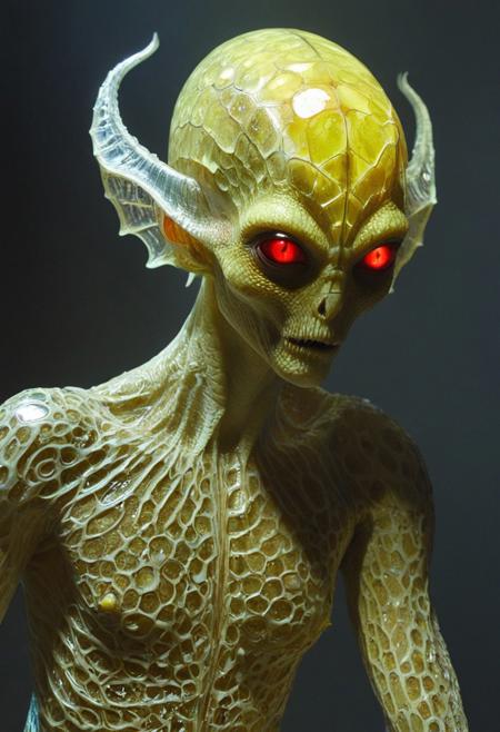 artialien, alien, creature, science fiction, Rembrandt shadow style, (pale yelow and red), slimy alien creature in spaceship interior, dark shadows face, dramatic light from behind, partially covered in shadow, full body, faceted gemstone head, translucent body, slimy white skin, filigree fins sticking out of skin, long neck with scales, neon eyes with glowing pupils, insect pincers:1.3, fungus dewlap:1.3