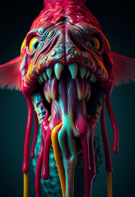 teeth, brains, splooge, goober, inverted neon rainbow drip paint, trending on art station, photoreal, 8 k, octane render by greg rutkowski,  cthulhu, fish, squid, octopus, tentacle, blood, guts, spit, spittle phlegm, nightmare, scary, killer, ooze, ripped flesh  covered in scales, made of scales